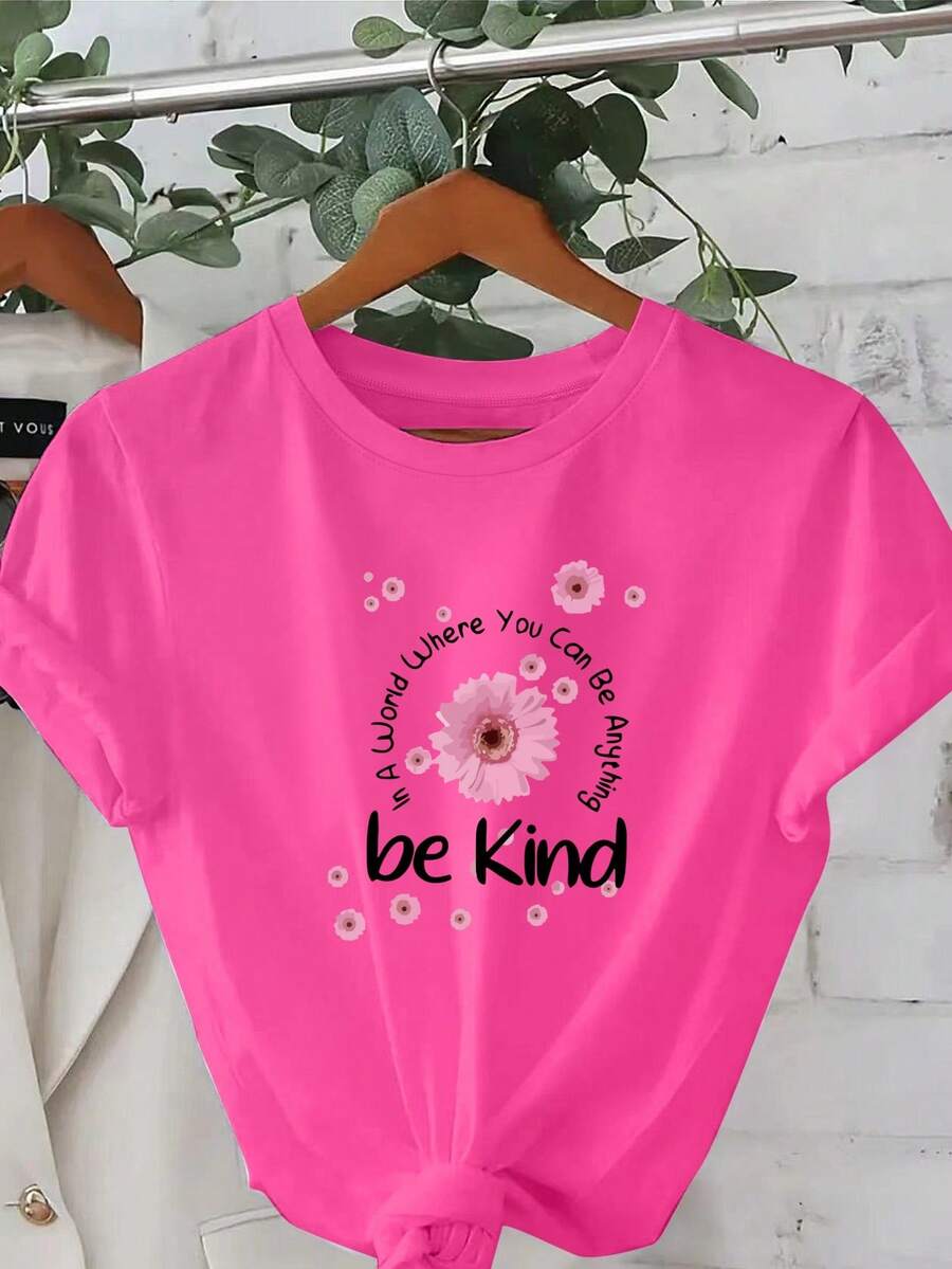 Plus Sizes - The Kind Little Daisy, Everyday Outfits, Comfortable And Casual Short Sleeve T-Shirts, Stylish Printed Crew Neck T-Shirts, Plus Size Women's Clothing, Women's Apparel - 玫紅色 - 查看 1