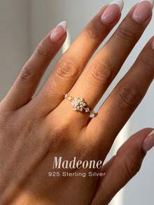 MADEONE 1枚优雅S925纯银锆石戒指，精致珠宝礼品，适合女孩、婚礼、晚宴、派对等场合。 - 金色 - 查看 3