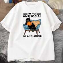 Camisetas con estampado de gato leyendo un libro, camisetas gráficas de algodón para hombre, cuello redondo, meme, manga corta, moda Harajuku, oversize para mujer - Blanco - Ver 1