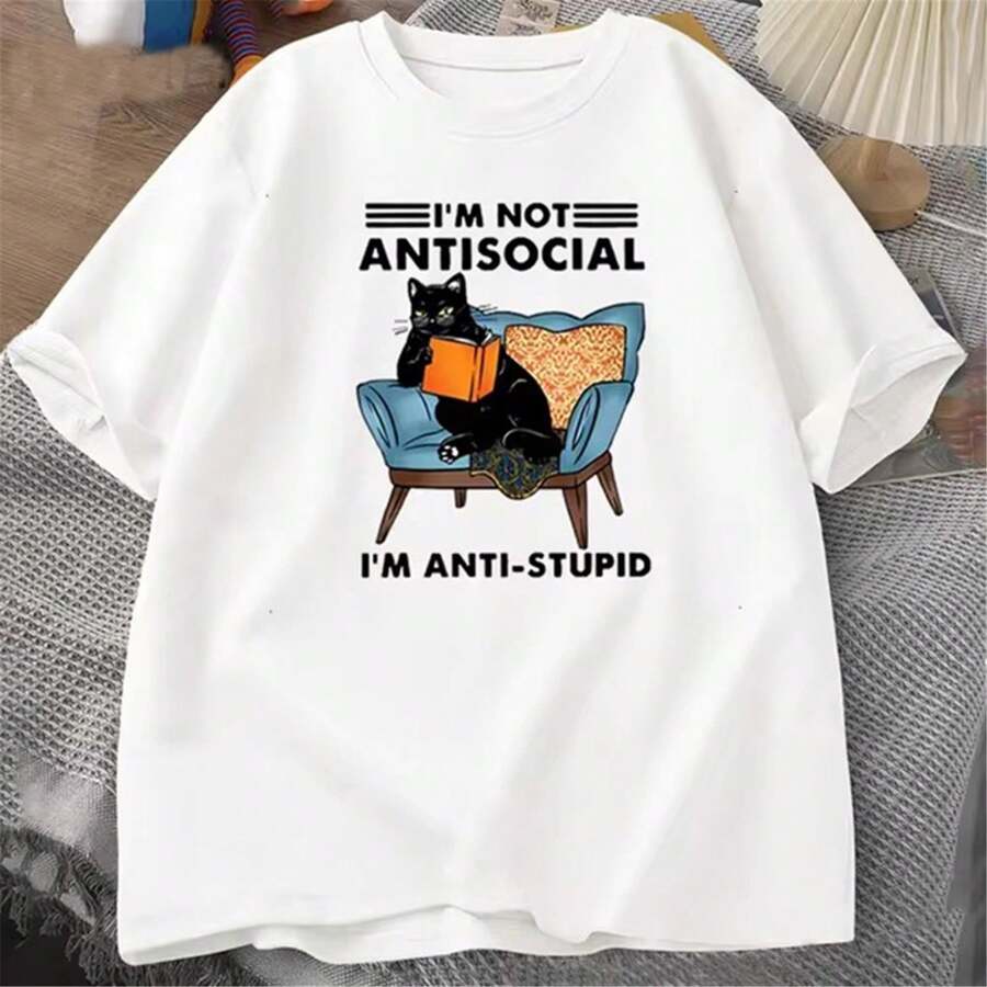 Camisetas con estampado de gato leyendo un libro, camisetas gráficas de algodón para hombre, cuello redondo, meme, manga corta, moda Harajuku, oversize para mujer - Blanco - Ver 1