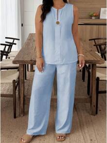 2026 Fashionable European And American Women's Clothing: Comfortable Loose Top And Wide-Leg Pants Casual Cotton-Linen Suit - Hồng - Xem 2