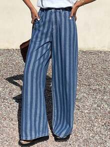 Jeans rectos de ajuste holgado con parches de cuadros y rayas para mujer, uso casual de oficina, otoño/primavera - Azul - Ver 3
