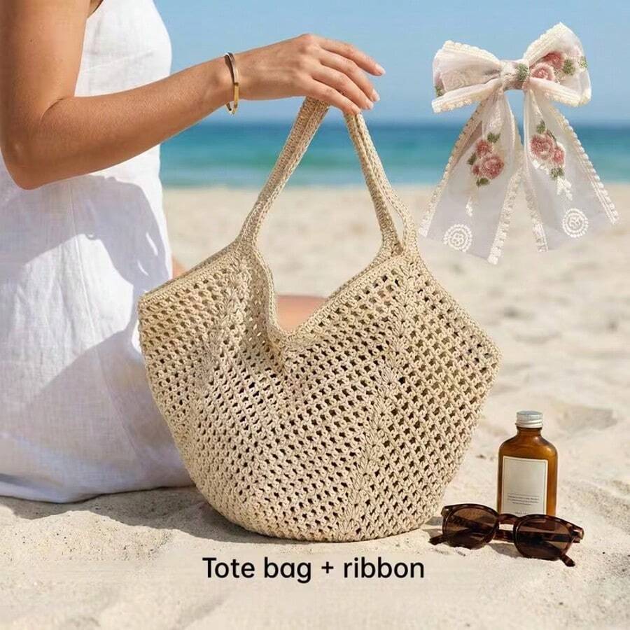 2/1pc Women Crochet (Tote Bag + Ribbon) 2pcs Set, Large Capacity Hollow Woven Shopping Tote Bag, Fixed Shoulder Strap, No Lining, Suitable For Travel & Daily Use - Multicolor - View 1