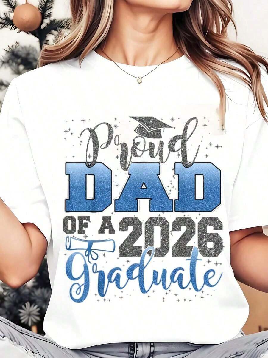 1 pieza Camiseta de Cuello Redondo para Mujer con Diseño de Gorro de Graduación y Diploma para Celebración de Graduación, 220g180g, 100% Algodón - Blanco - Ver 1