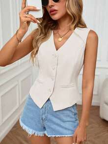 Chaleco sin mangas elegante y casual para uso diario en verano para mujeres - Albaricoque - Ver 7