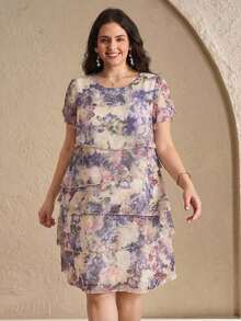 Reflora Vestido de moda con cuello redondo, mangas con volantes y estampado floral para mujer de talla grande - Multicolor 2 - Ver 7