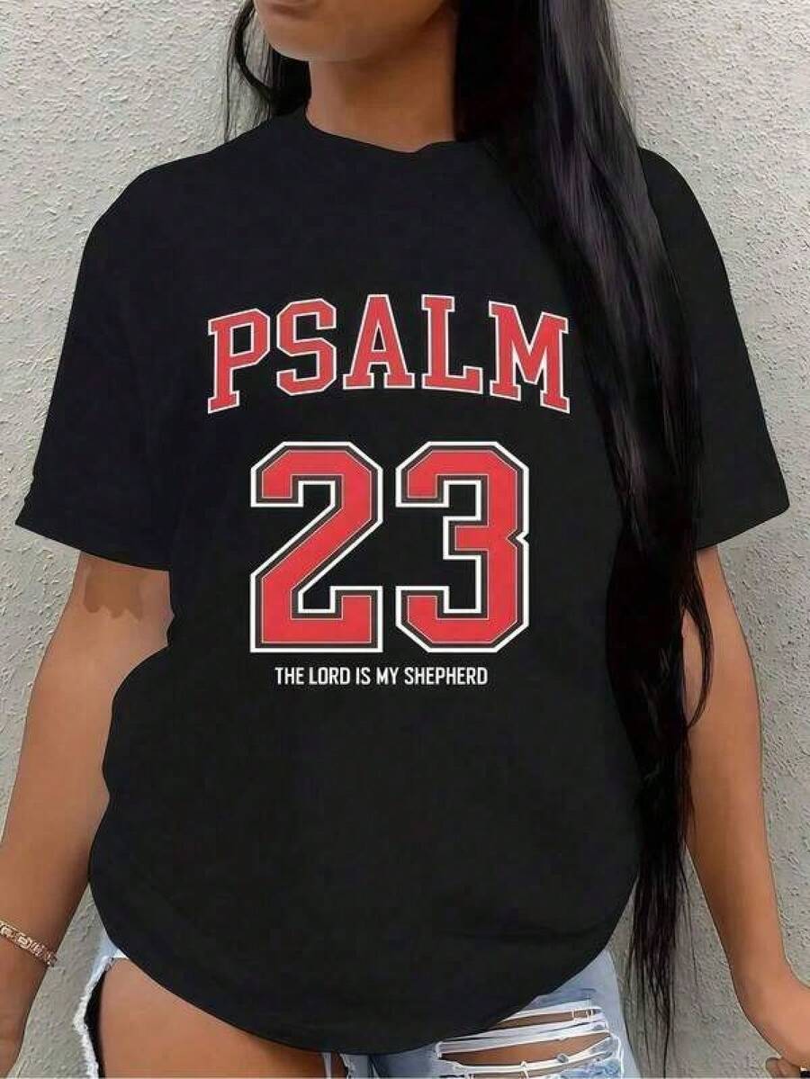 1 st Damkläder Psalm 23 Tryckt T-shirt, Grafiska T-shirts för kvinnor, Unisex Casual T-shirt med rund hals, rolig grafisk t-shirt, Strandfest, Surfing, Picknick, Present, flygplatsoutfit, vår, matchande set för kvinnor sommar, enkla sommaroutfits, sommaroutfit, balklänningar, höst, vinter, alla årstider, födelsedagsklänning, festkläder, rave-outfit, kontorskläder för kvinnor, kurviga, avslappnade outfits för kvinnor, träningskläder för kvinnor, resortstil, klassisk unisex grafisk t-shirt - Svart - Visa 1