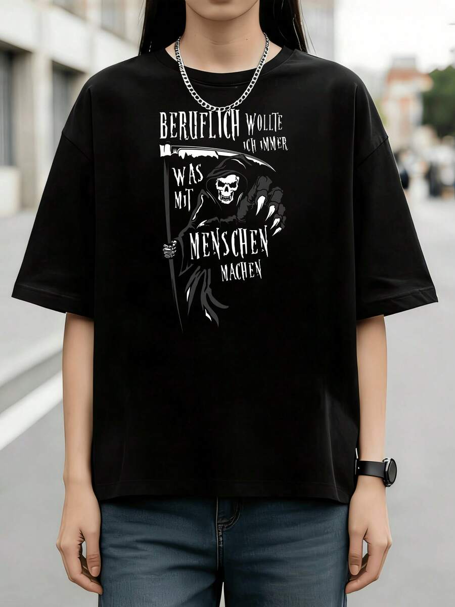 Grim Reaper Scythe German Quote Gothic Dark Retro Cotton Summer Short Sleeve T-Shirt - Black - View 1