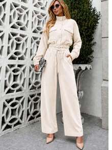 Women's Corduroy Long Sleeve Two-Piece Set, Elegant Casual Aerolook, Perfect Fit, Jacket With Buttons And Functional Pockets, Sizes M And L, Premium Quality, Various Colors Available, Autumn/Winter Season, Warm - 香檳色 - 查看 2