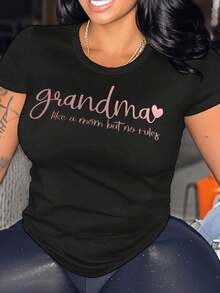 Camiseta Casual de Talla Grande para Mujer: "Abuela como una madre, pero sin reglas", mezcla de poliéster elástico y spandex. - Negro - Ver 1