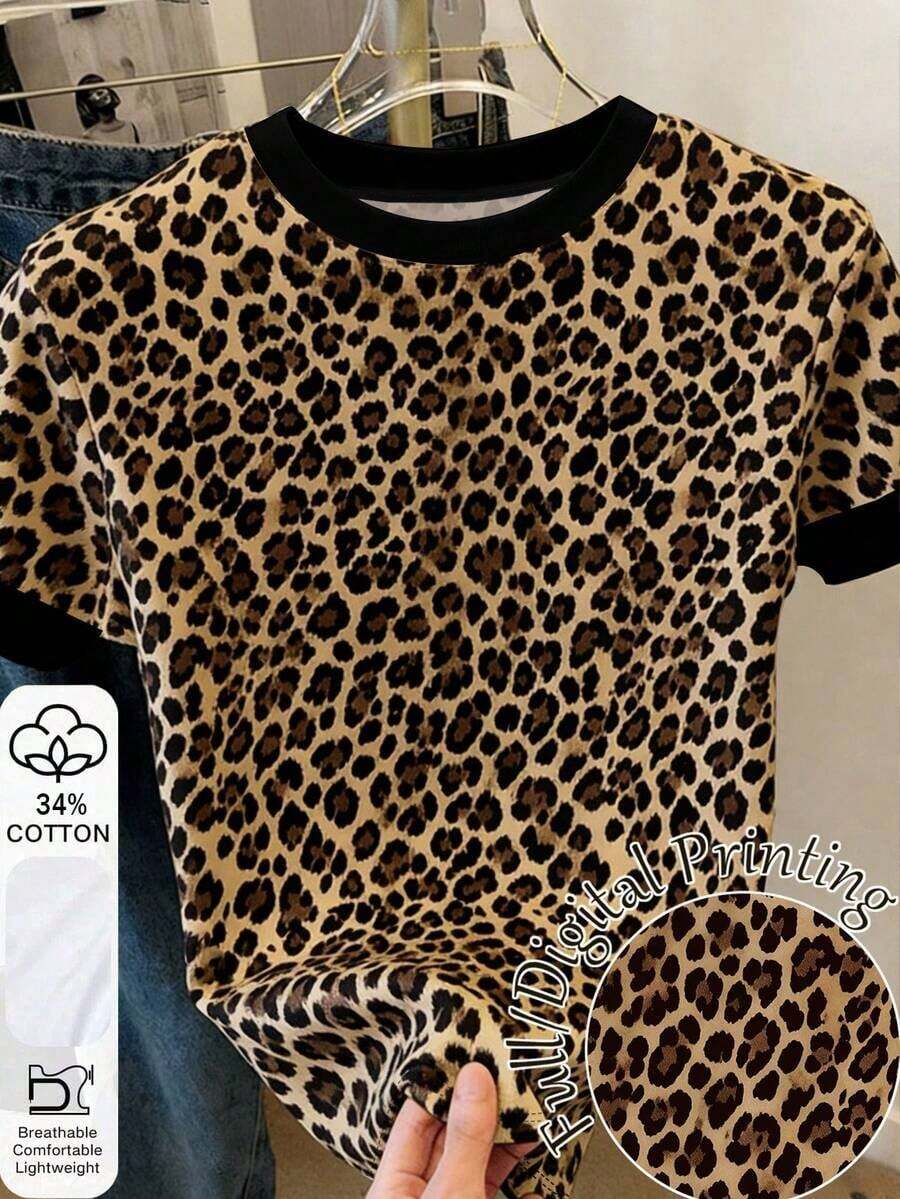 Camiseta de mujer de manga corta y cuello redondo con estampado de leopardo - Multicolor 6 - Ver 1