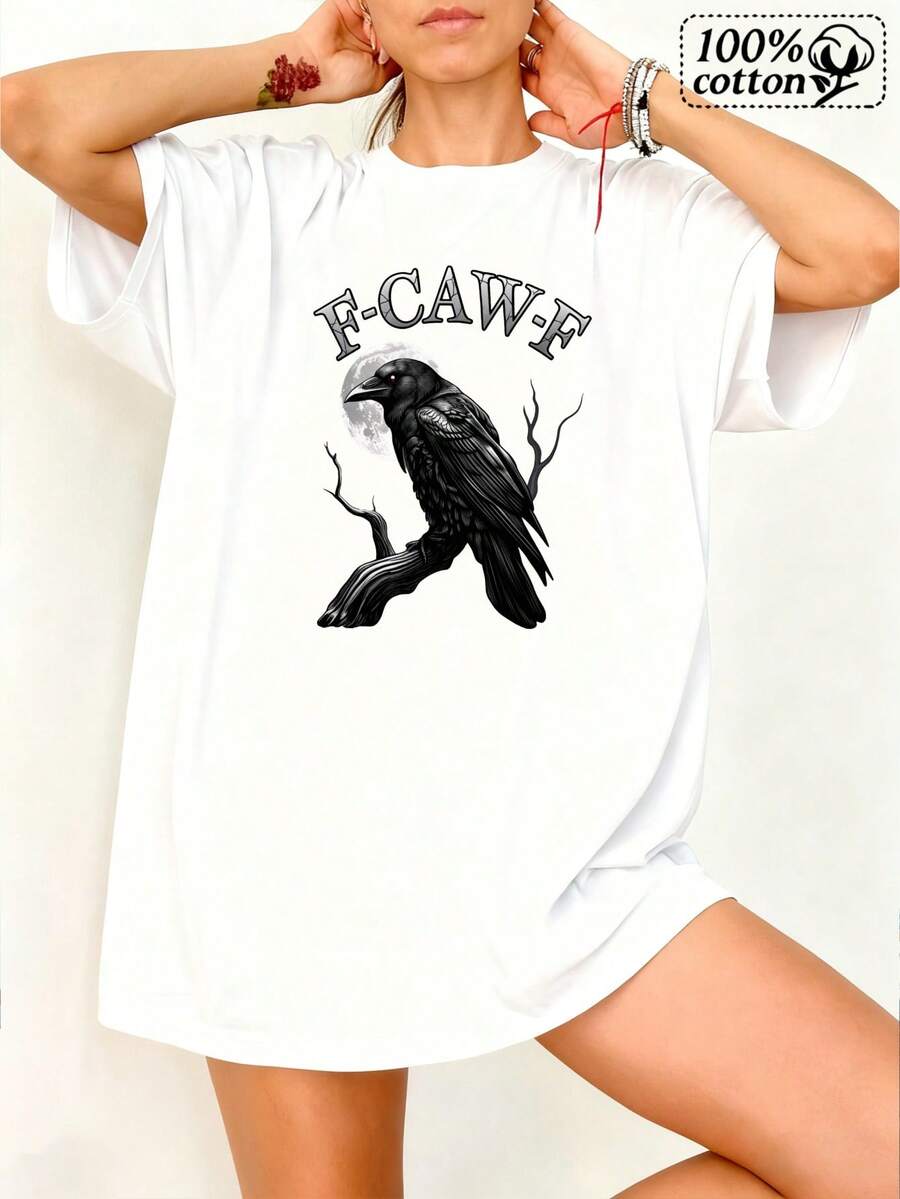 Women's White T-Shirt With A Front Print Of A Raven And Moon With The Text 'F Caw F', Perfect For Casual Outings And Cashier Fashion - 白色 - 查看 1