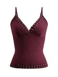 Top de tirantes finos estilo Y2K, de color sólido, sin espalda, ajustado y sexy, con encaje, estilo urbano para graduaciones, ideal para la playa en verano, citas, festivales de música, 4 de julio y más ocasiones informales. - Burdeos - Ver 3