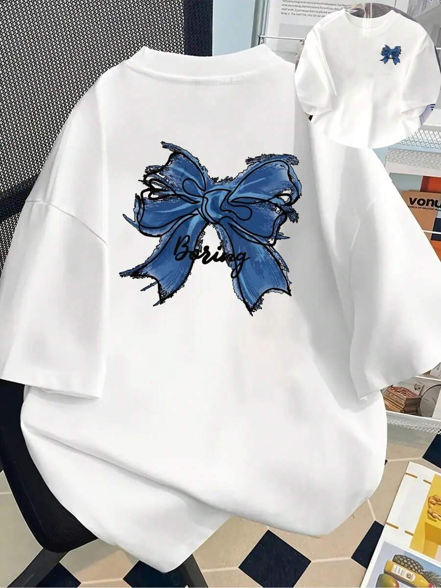 Camiseta Casual de Manga Corta con Cuello Redondo y Estampado de Lazo Azul para Primavera y Verano, Ropa de Mujer Y2k - Blanco - Ver 1