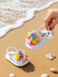 Giày sandal cho bé gái sơ sinh, kiểu dáng bèo nhún, nơ, đế mềm cao cấp, chống trượt, hở mũi, thoáng khí, thích hợp cho mùa hè, hoạt động ngoài trời, tập đi. Giày sandal cho bé gái 0-3 tháng tuổi. - trắng - Xem 3