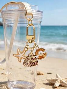 Exquisite Ocean Theme Starfish & Shell Keychain, Fashionable Women's Handbag Accessory, Holiday Style Keychain, Natural Asymmetric Shell, Starfish, Conch & Starfish Bag Charm, Wallet Pendant Decoration - Multicolor - View 1