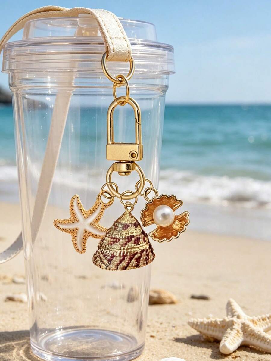 Exquisite Ocean Theme Starfish & Shell Keychain, Fashionable Women's Handbag Accessory, Holiday Style Keychain, Natural Asymmetric Shell, Starfish, Conch & Starfish Bag Charm, Wallet Pendant Decoration - Multicolor - View 1