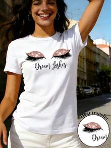 Camiseta de algodón de manga corta para mujer con estampado gráfico y cuello redondo, que presenta un retrato abstracto de pestañas y sueños, perfecta para uso casual en primavera y verano, diseñada para mujeres. - Blanco - Ver 7