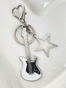 Guitar Shaped Keychain, Star & Heart Pendant Ornament, Unique Personalized Bag Charm Gift For Best Friend - White - View 3