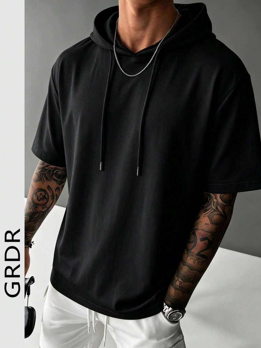 GRDR Men's Summer Casual Sports Hooded Short Sleeve T-Shirt, Fashionable Minimalist Solid Color Short Sleeve Suitable For Running And Daily Wear - Black - View 1