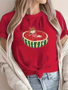 |   1 Playera para Mujer 100% Algodón Transpirable | Camiseta gráfica de sandía amarilla brillante para mujeres - Casual de manga corta y cuello redondo, lavable a máquina, perfecta para vacaciones de primavera/verano y diversión al aire libre - Ideal para el verano-Vintage Street Style Unisexoose Cotton Short Sleeve Crew Neck T-Shirt - Rojo - Ver 1