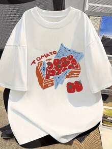 Vintage Loose Fit Women's T-Shirt With Casual Letter Print, Cartoon Tomato Pattern, Unisex Loose-Fit Slimming Summer Short-Sleeve Sports Top - Unisex Loose Cotton Short Sleeve Crew Neck T-Shirt, Oversized Women's Printed T-Shirt, 100% Pure Cotton - 白色 - 查看 1