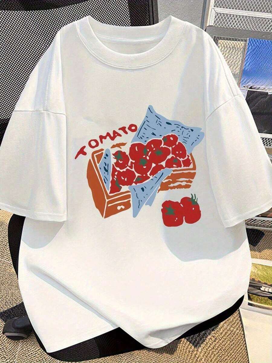 Vintage Loose Fit Women's T-Shirt With Casual Letter Print, Cartoon Tomato Pattern, Unisex Loose-Fit Slimming Summer Short-Sleeve Sports Top - Unisex Loose Cotton Short Sleeve Crew Neck T-Shirt, Oversized Women's Printed T-Shirt, 100% Pure Cotton - 白色 - 查看 1