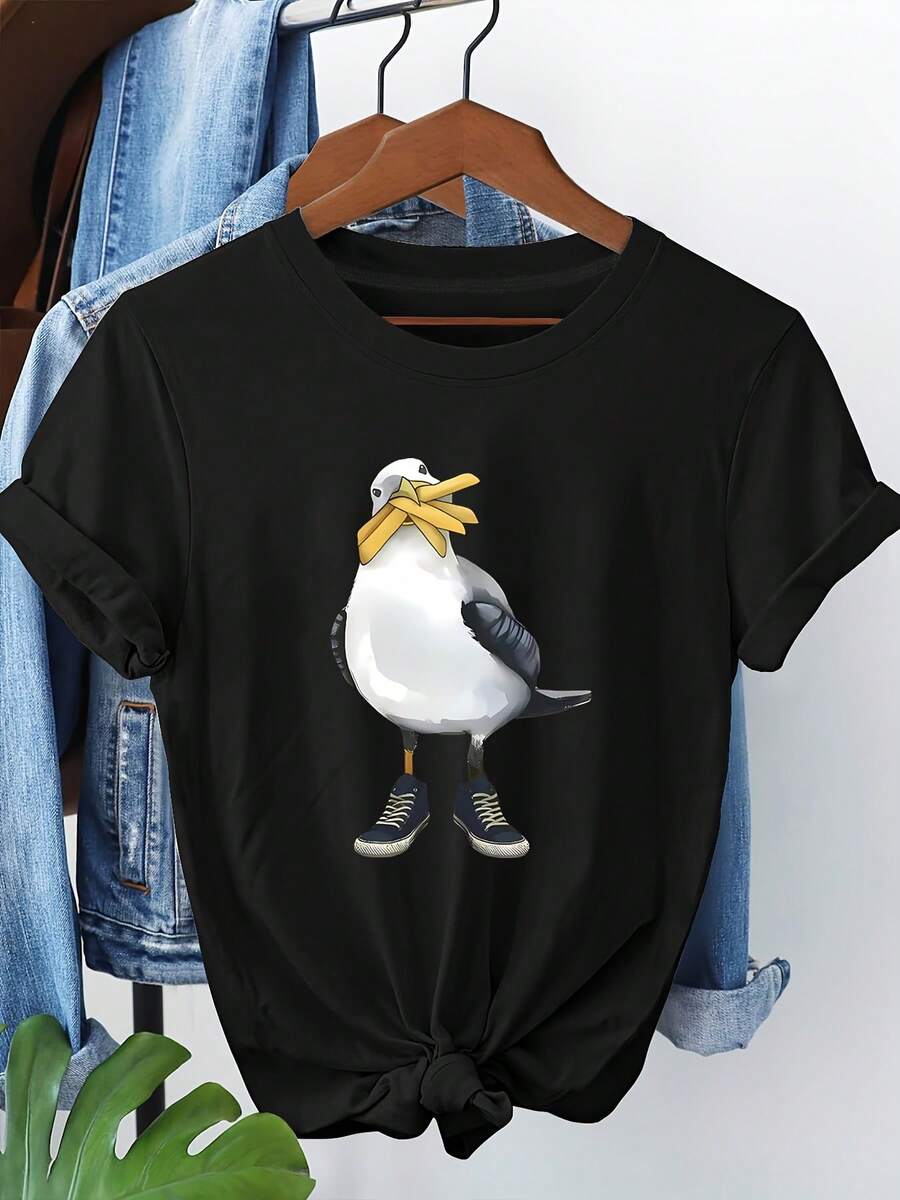 Talla Grande - Talla Grande - Camiseta de Mujer con Estampado Gráfico de Gaviota - con Gaviota Amarilla y Gaviotas, Cuello Redondo, Manga Corta, Elástica, Estilo Casual de Verano, para Primavera y Playa (no lavar en seco) - Ropa Elegante para Mujer, Camisetas para Damas, Camiseta Y2k, Camisa - Negro - Ver 1