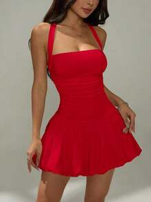 Vestido informal corto de unicolor con cuello de lazo y espalda descubierta para mujer - Rojo - Ver 6