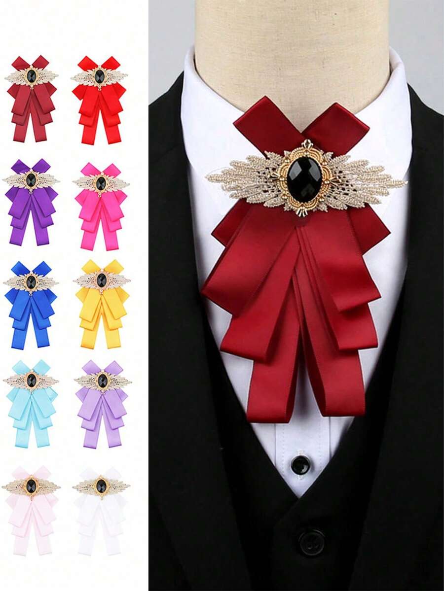 Pajarita clásica y versátil, pajarita con cristales de imitación en estilo universitario, broche de solapa floral unisex para fiestas, días festivos y bodas - Multicolor - Ver 1
