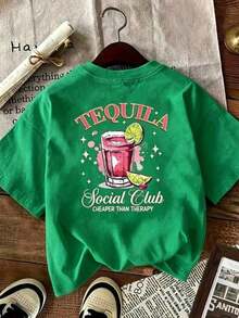Women's Short-Sleeve Cotton T-Shirt, 1 Pc. Women's Tequila Graphic T-Shirt, Pink And Green Drinks Print, Stretchy Poly 180g, Round Neck, 100% Cotton, Soft Fabric, Short Sleeves - 綠色的 - 查看 4