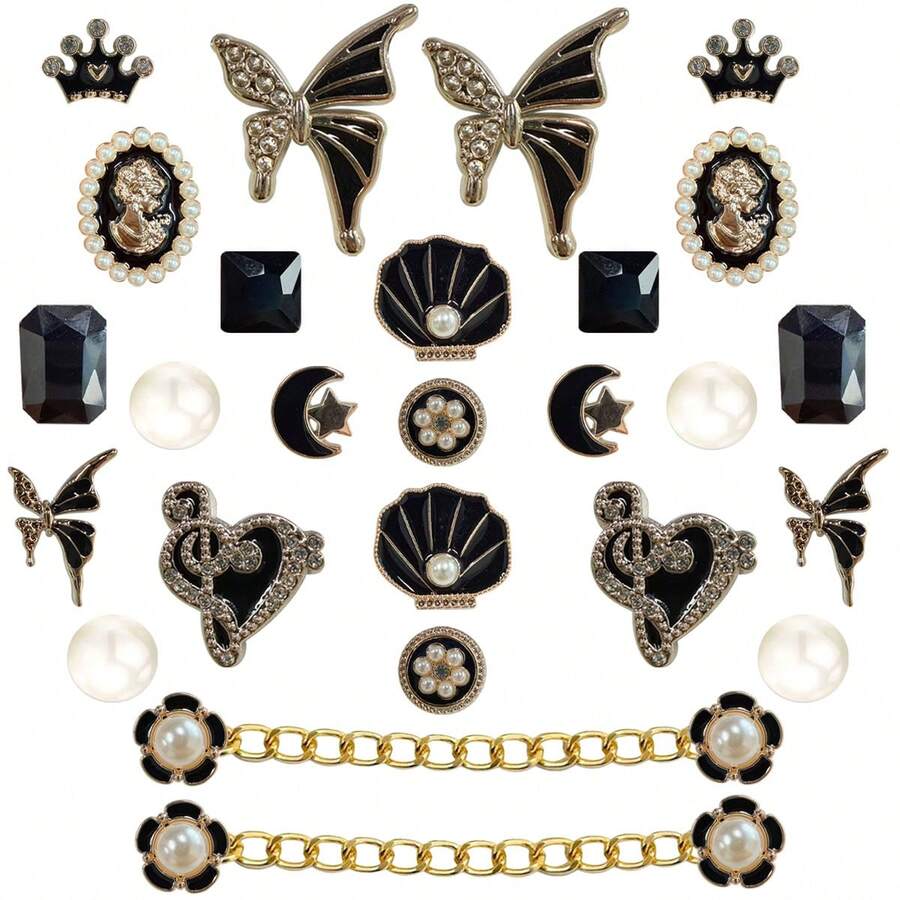 Set de 26 piezas de botones decorativos elegantes franceses con moños y flores para DIY en sandalias - Negro - Ver 1
