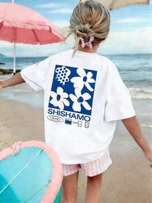 Tween Girl' Abstract Flower Graphic Tee, Girls' Casual Short Sleeve T-Shirt - White - View 1