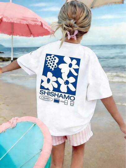 Tween Girl' Abstract Flower Graphic Tee, Girls' Casual Short Sleeve T-Shirt