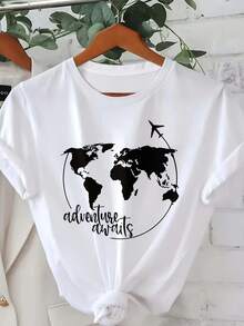 Women's T-Shirt With World Map And Letter Print - Loose Fit, Short Sleeve, Round Neck, With World Geography Design, Casual Travel Wear For Spring, Summer And Year-Round Wear, Straight Silhouette Blouse, Comfortable Cotton T-Shirt - 白色 - 查看 6