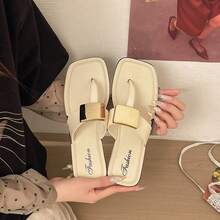 French Elegant Metal Square Buckle Flip Flops For Women, Flat Casual Commuting Holiday High-Quality Sandals For Summer - Off White - View 5