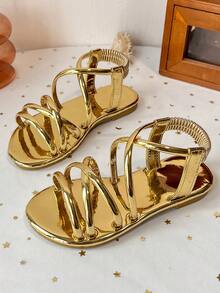 Giày sandal đế bằng quai ngang ánh kim cho trẻ em, quai ngang co giãn, hở mũi, giày casual mùa hè. - Vàng - Xem 6