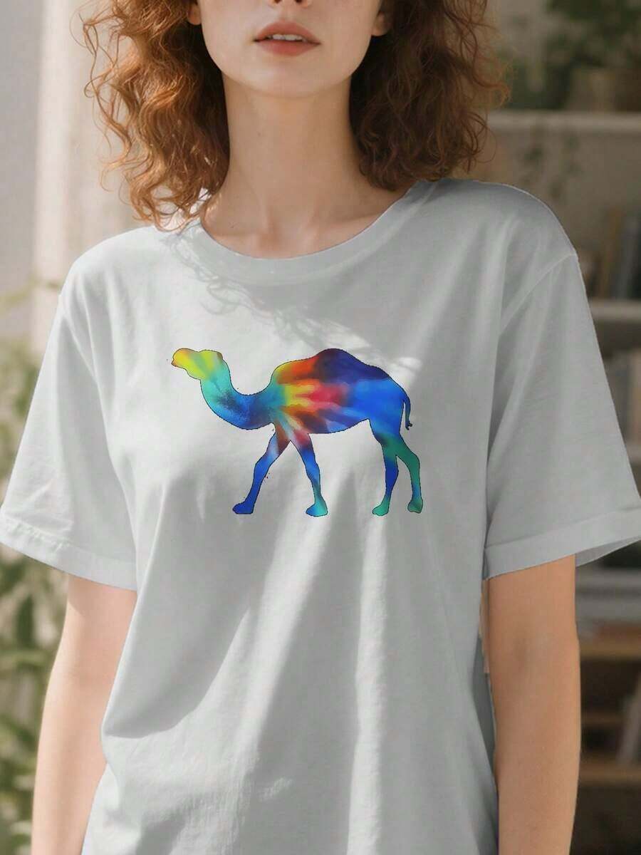 Camiseta Vintage con Estampado Tie-Dye de Silueta de Camello Caminando, para Amantes de Animales del Desierto, Blusas para Mujer - Blanco - Ver 1