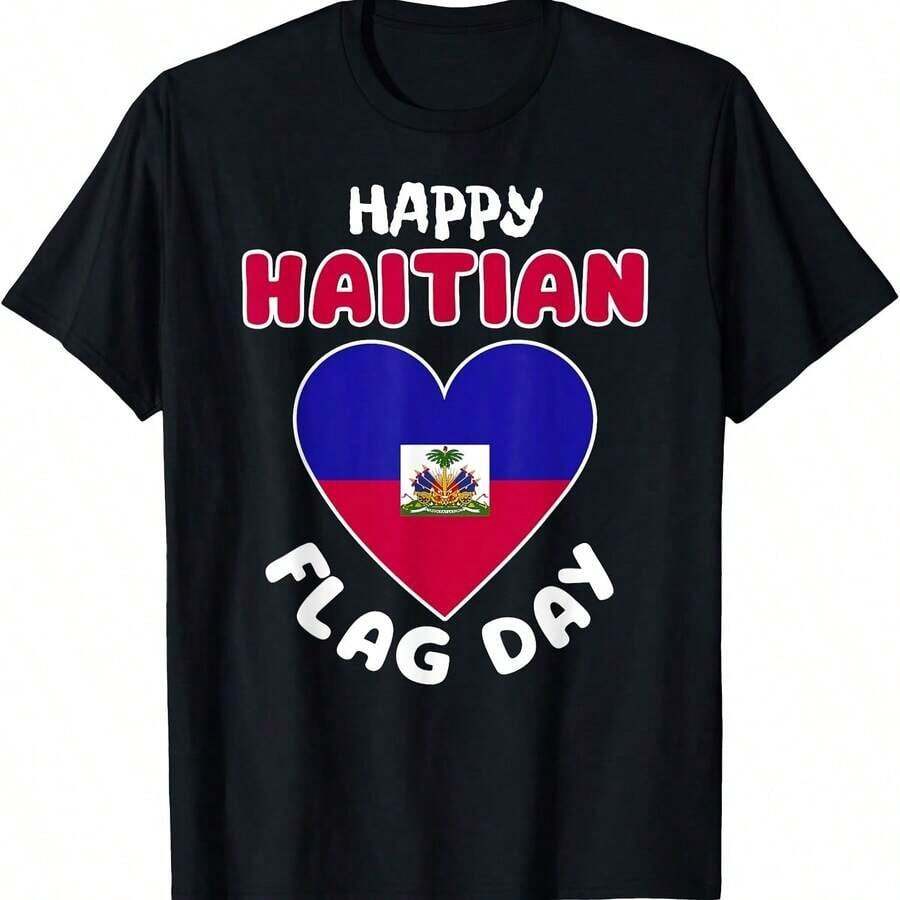 Happy Haiti Flag Day! Cool Haitian Flag Heart-Shaped T-Shirts For Men And Women. - 黑色 - 查看 1