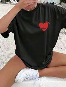 Camisetas Gráficas 2026 con Estampado de Doble Cara para Mujer, Primavera/Verano, Estilo Casual, Estilo Minimalista, Estampado de Corazón y Texto "L'AMOUR EST DÉCLARÉ", Cuello Redondo, Manga Corta, Corte Holgado, Camiseta Oversize, 100% Algodón ChuK - Negro - Ver 2