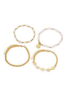 Bộ 4 vòng tay hoa và ngọc trai giả phong cách Bohemian, họa tiết hoa hướng dương và hạt vàng, thiết kế bãi biển độc đáo, thích hợp làm quà tặng nhân dịp Lễ Tình nhân, Ngày của Mẹ. - Nhiều màu - Xem 5