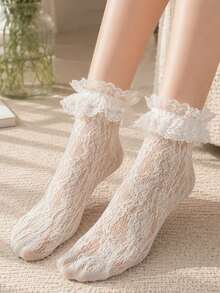 1 Pair Women's Sweet Ruffle Lace Sheer Ankle Socks, Cute Lolita Style, Thin Socks For Spring And Summer, Suitable For Daily And Party Wear - Multicolor - View 3
