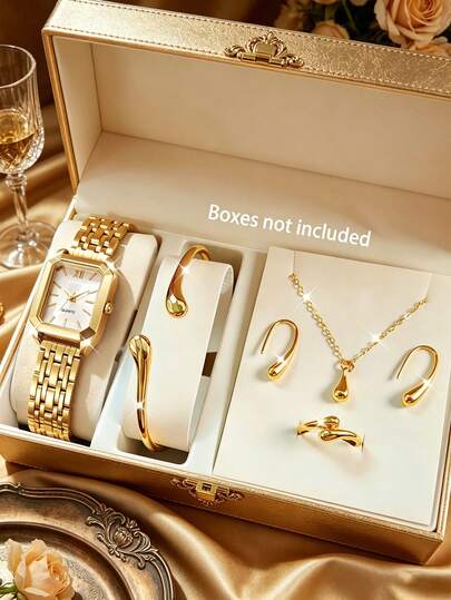 New Luxury Women's Watch With Square Dial And Water Drop Decor Jewelry Set Of 6 Pieces, Minimalist & Romantic. Multiple Color Options