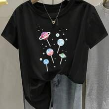 Women'S Casual T-Shirt With Round Neckline, Star And Planet Print, Clothes Shclothest Sleeve, Medium Stretch, Fashion Fclothes All Seasons With Galaxy - 黑色 - 查看 1