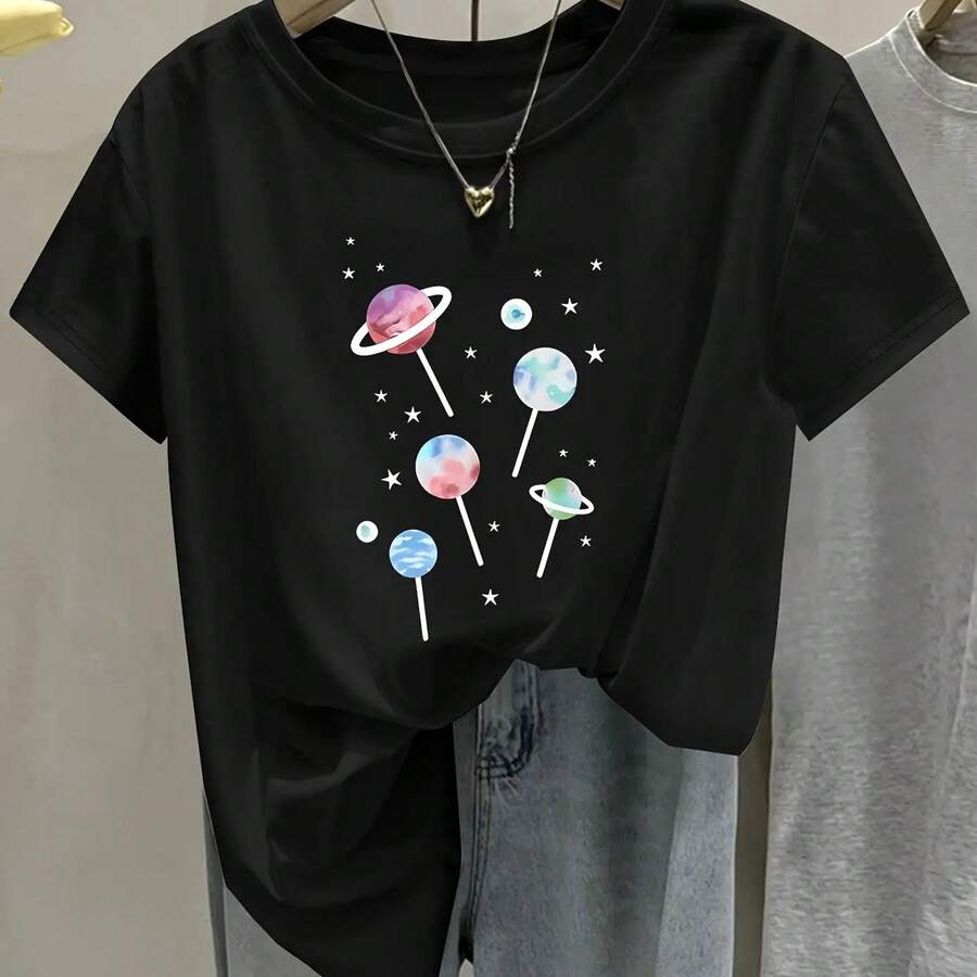 Women'S Casual T-Shirt With Round Neckline, Star And Planet Print, Clothes Shclothest Sleeve, Medium Stretch, Fashion Fclothes All Seasons With Galaxy - 黑色 - 查看 1