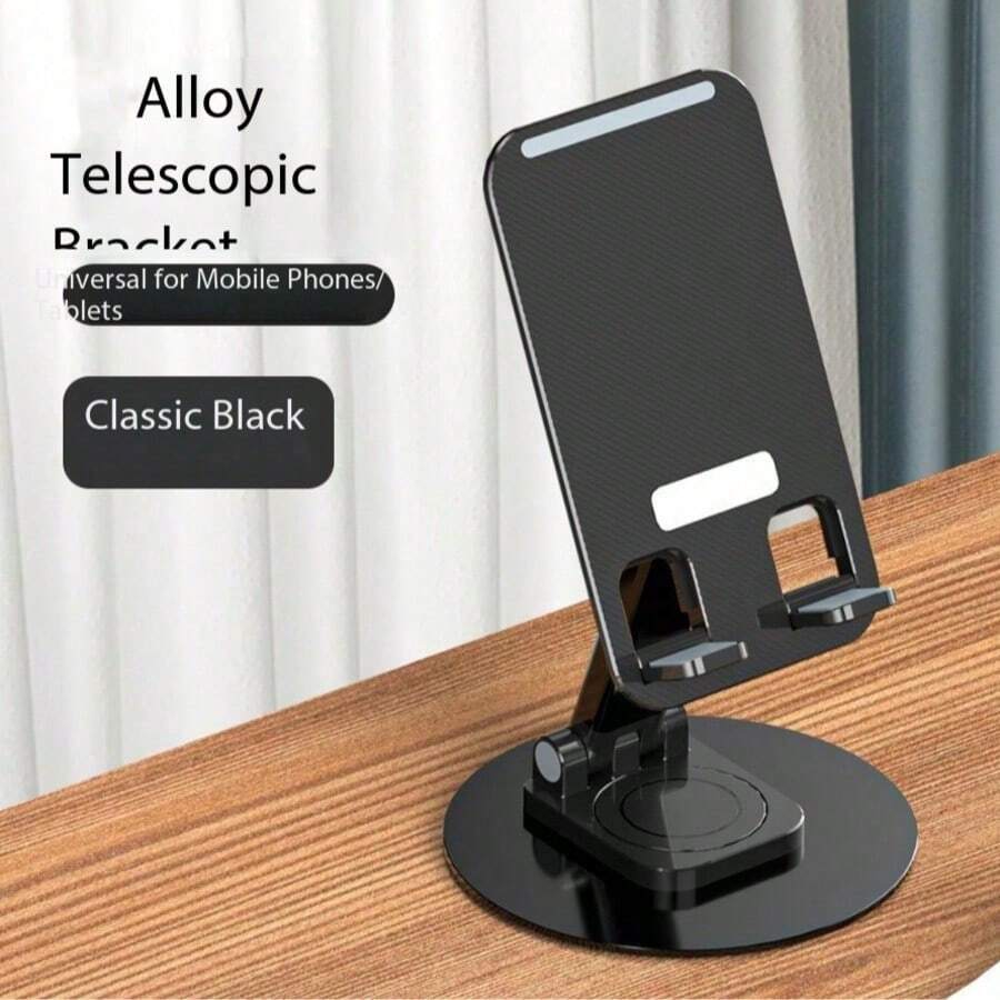 360° Rotatable All-Metal Foldable Slouchy Phone/Tablet Stand, Universal Desktop Mount Holder - Black - View 1