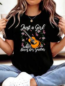 Talla Grande, Camiseta de Mujer Talla Grande "Just a Who Loves Her Guitar" - Camiseta Casual de Manga Corta con Cuello Redondo y Estampado Musical, Blusa de Primavera Verano Adecuada para Conciertos, Ropa Casual y Actividades al Aire Libre - Estilo Elegante Lavable a Máquina - Negro - Ver 2