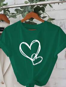 Plus Size - Plus Size - White Day, Exquisite Heart Design, Elegant Short Sleeve T-Shirt With Round Neck Print, Plus Size Women's Clothing, Women's Apparel - 綠色 - 查看 6