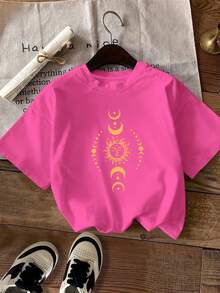 Patrón de moda de primavera y verano estampado de mangas cortas, camisetas casuales de manga corta, camisetas de moda de mujer de talle redondo de talla estándar, ropa de mujer de talla estándar, ropa de mujer - Rosa roja - Ver 6