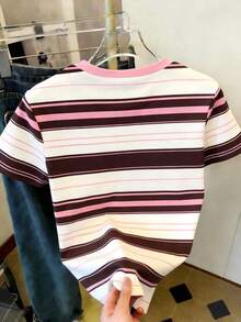 Camiseta de manga corta de verano con cuello redondo, estampado de cereza y rayas, de estilo casual para mujer - Multicolor - Ver 2